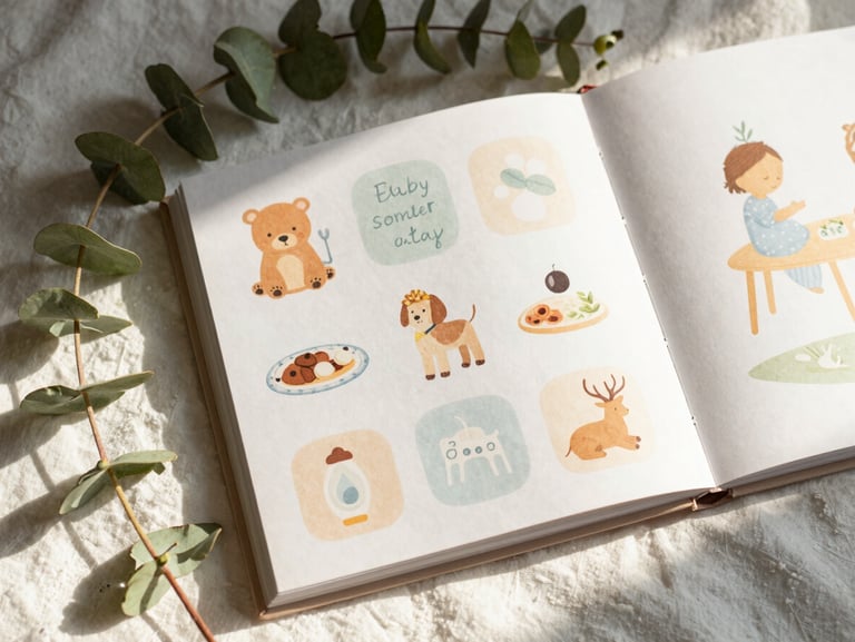 Overhead flat-lay of a baby shower game book page nestled among delicate eucalyptus leaves and soft white linen, warm morning sun