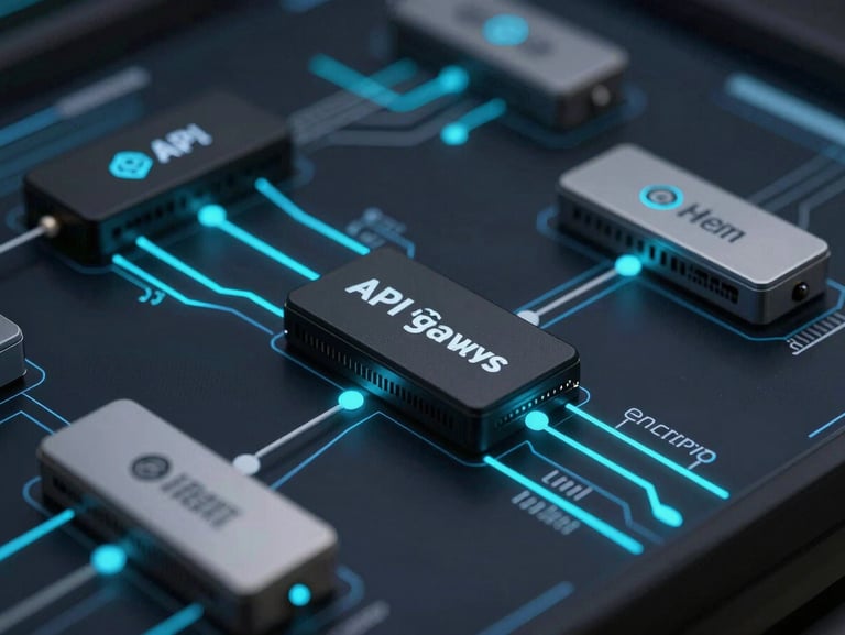 Macro close-up of a node-based logic diagram on a dark screen, showing secure API gateways and encrypted data streams, electric cyan glowing lines, technical schematic framing.