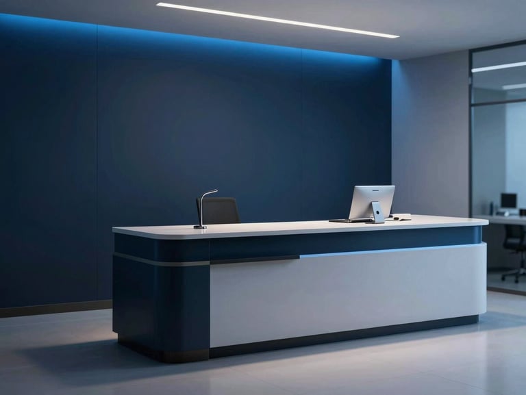 Clean minimalist reception desk of a modern healthcare clinic in Coimbatore, soft blue ambient light, professional medical environment, sharp focus