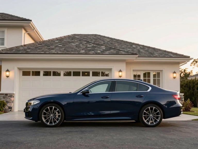 Clean eye-level profile of a well-maintained estate vehicle parked on an asphalt driveway, soft morning sun.