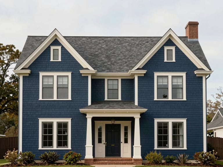 Straight-on architectural exterior of a classic shingle-style house, soft natural overcast daylight, muted navy tones.