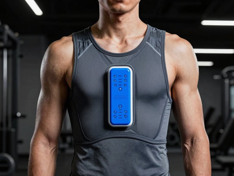 An athlete wearing a sleek biometric compression vest with an integrated tracking pod, standing in a dark training facility, cool studio lighting.
