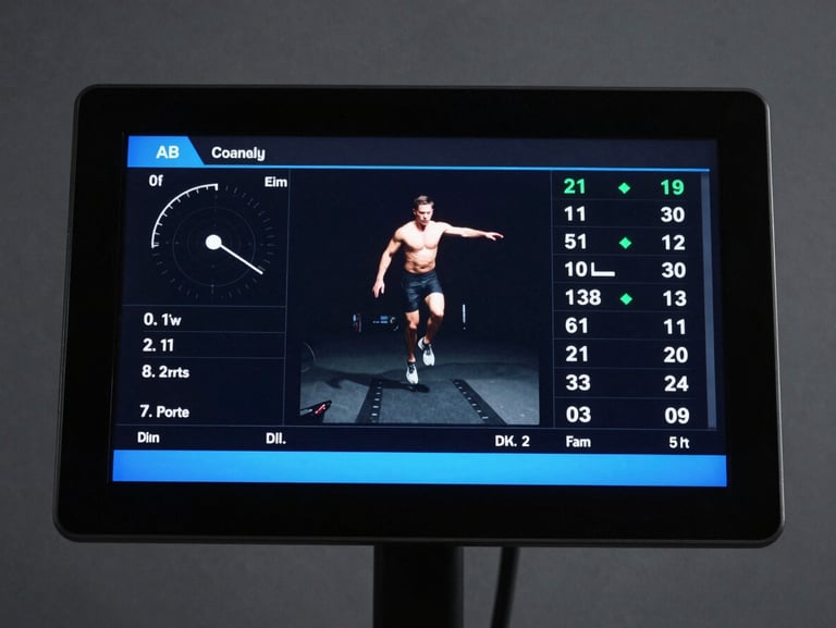 A clean, high-density dashboard displaying athletic force plate diagnostics and jump metrics on a dark screen, sharp technical grid.