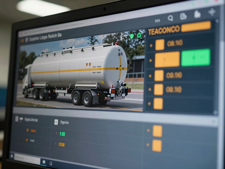 Extreme close-up of a logistics tracking dashboard screen showing route data, tanker status indicators and alert flags in amber and green, cool overhead light reflecting off the monitor glass, no human visible
