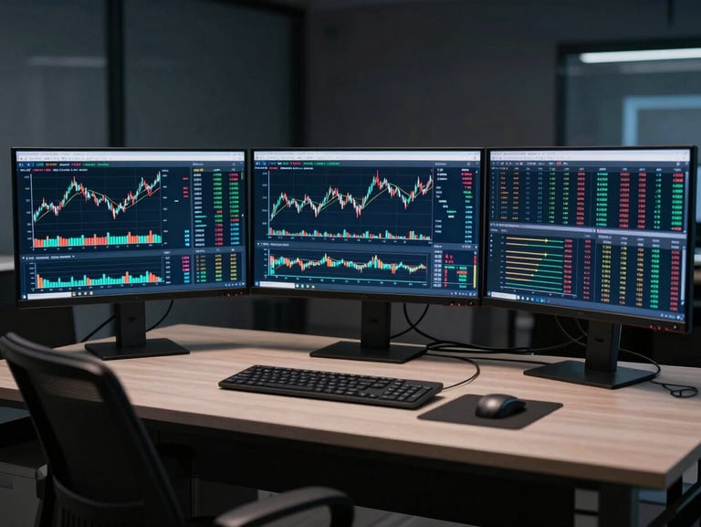 Wide shot of a portfolio analytics workstation, multiple monitors displaying financial data charts and allocation graphs under cool studio lighting, empty chair, no person visible, dark ambient background