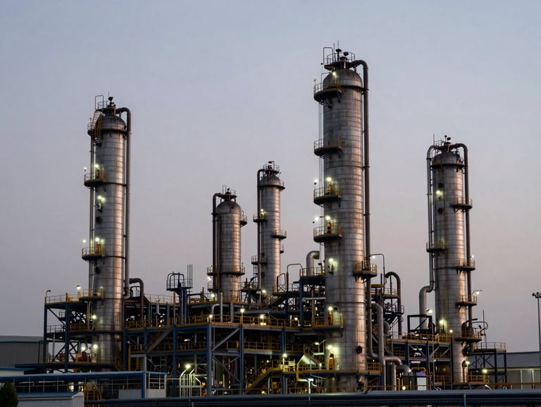 Wide environmental shot of a massive modern petroleum refinery at dusk, towering steel columns, overcast industrial sky