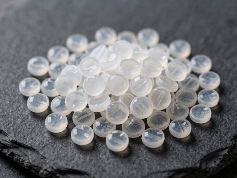 Macro shot of translucent white PET chips piled on a dark slate surface, sharp technical studio lighting