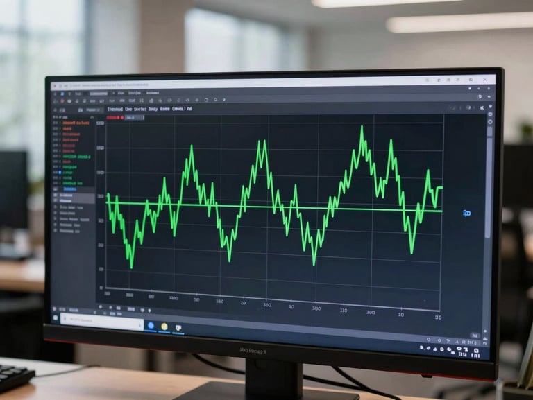 Flat-screen monitor displaying a clean vector plot of an implied volatility surface, sharp terminal green lines on a dark background, crisp monospaced code visible in a side window, diffuse office lighting.