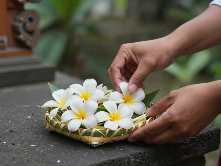 Intimate close-up of a Balinese offering being placed on a temple step, hands arranging frangipani flowers in a woven palm leaf tray, morning light, soft green background, no tourists, natural gesture