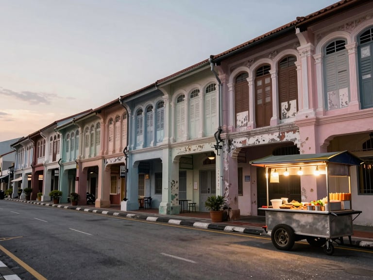 Wide environmental shot of a Penang street at dusk, a row of shophouses with peeling pastel paint receding into the background, a food cart with warm tungsten light on the right, no posed subjects, natural street life