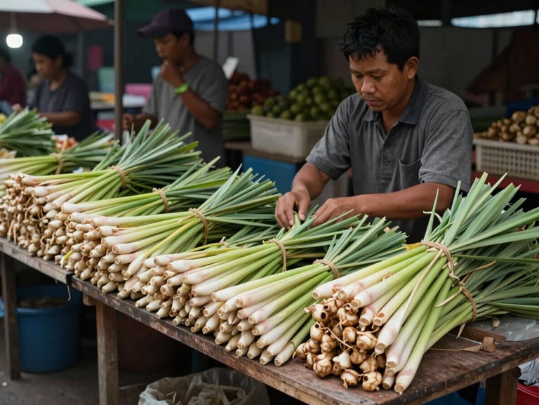Wide environmental shot of a Chiang Mai morning market, a vendor arranging bundles of lemongrass and galangal on a low wooden table, overcast daylight, muted greens and yellows, no tourist presence, human scale