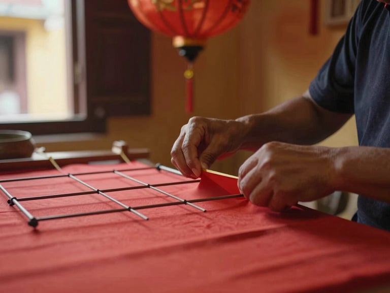 Close environmental frame of a Hội An lantern maker's hands stretching red silk over a wire frame, workshop interior behind, window light from the left, soft warm morning glow, no flash