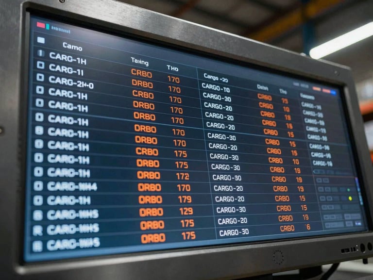 A close-up of a secure digital tracking interface showing real-time cargo coordinates and seal status, sharp technical detail, cool steel tones.