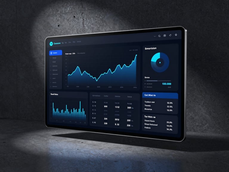 High-fidelity UI design showcase of a dark mode financial dashboard on a sleek screen, sharp metallic edges, neon blue accents, dark concrete studio setting, dramatic side light.