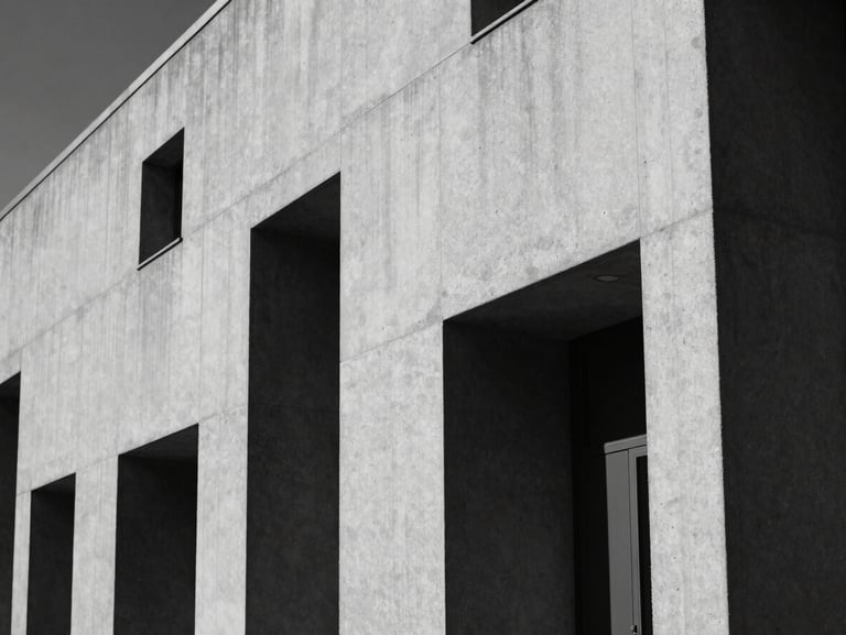Cinematic black and white architectural shot of a minimalist concrete building facade under harsh sunlight, deep black shadows, elegant luxury aesthetic.
