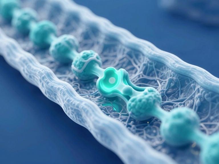 A 3D molecular visualization of a mitochondrial inner membrane with active protein structures, glowing teal accents on a dark blue background, highly technical