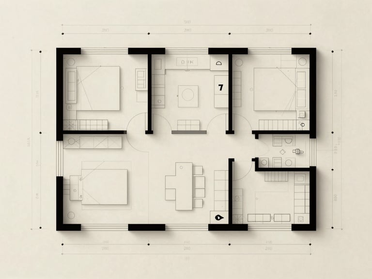 Architectural floor plan drawing of a 3 BHK residence on cream drafting paper, clean ink lines, no labels or text, orthographic top-down view, the geometry of rooms and sight lines visible as an abstract composition, diffused even light, no shadows