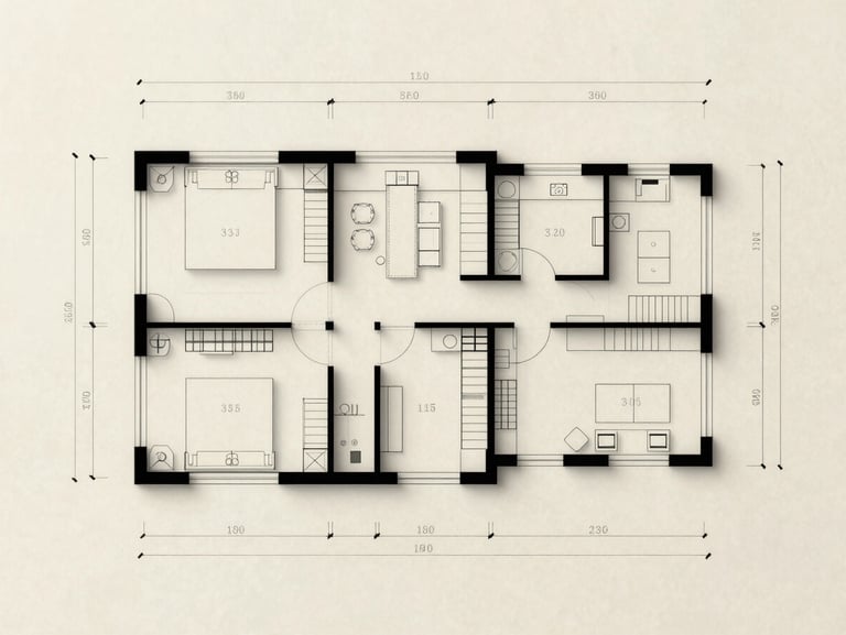 Architectural floor plan drawing of a 3.5 BHK residence on cream drafting paper, clean ink lines, no labels or text, orthographic top-down view, a slightly larger footprint than the adjacent plan, the geometry of an additional study alcove visible, diffused even light, no shadows