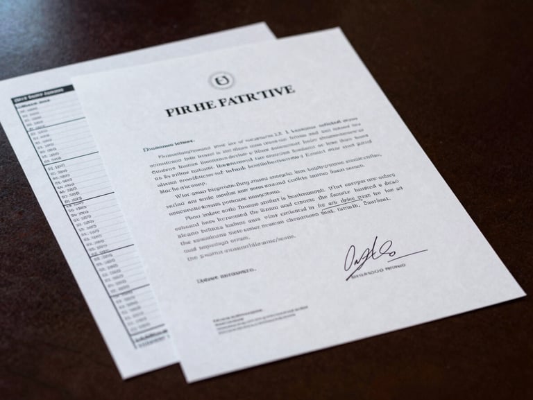 Tight overhead shot of a formal signed partnership document on a dark polished conference table, a financial market chart printout partially overlapping the document corner, cool directional studio lighting, no visible faces, institutional gravitas
