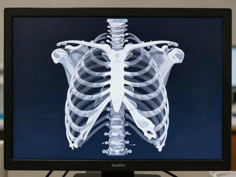 A simplified, high-contrast anatomical diagram of the thoracic cavity on a clinical screen, clean white lines on a deep slate background.