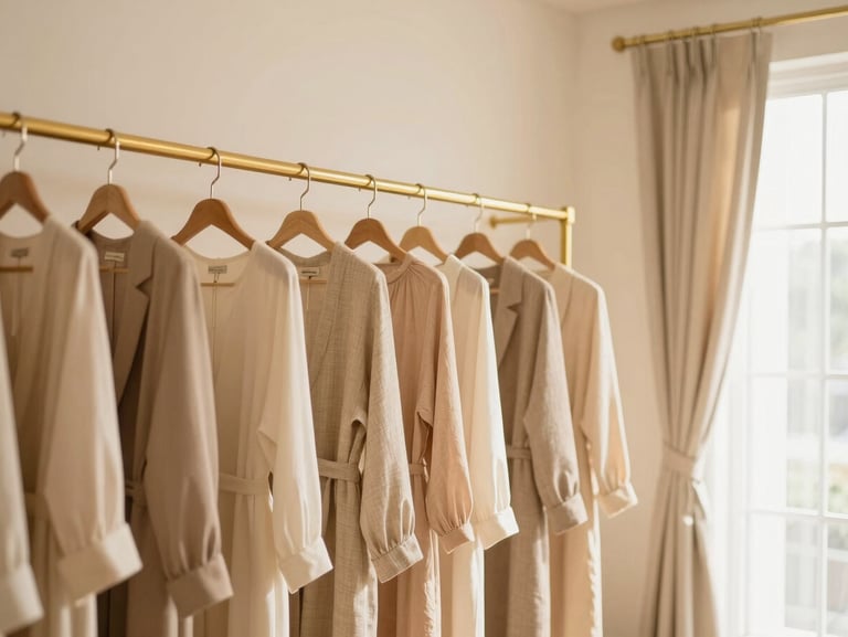 Warm editorial photography of an elegant boutique interior in Ampang, featuring cream walls, gold clothing racks with soft-draping modest garments, beige linen curtains, and soft window light, 35mm