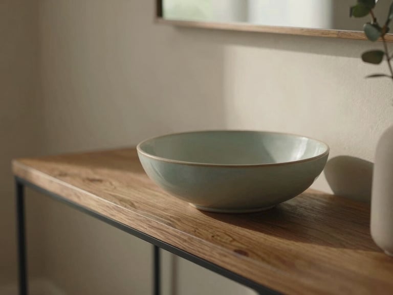 Close-up of a neatly organized entryway console table with a ceramic bowl and soft sage accents, diffused warm daylight.