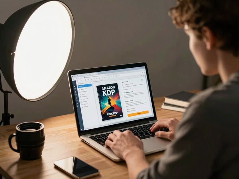Medium shot of an author at a desk reviewing an Amazon KDP dashboard on a laptop, soft studio strobe light from the left, book cover mockup visible on screen, workmanlike setup