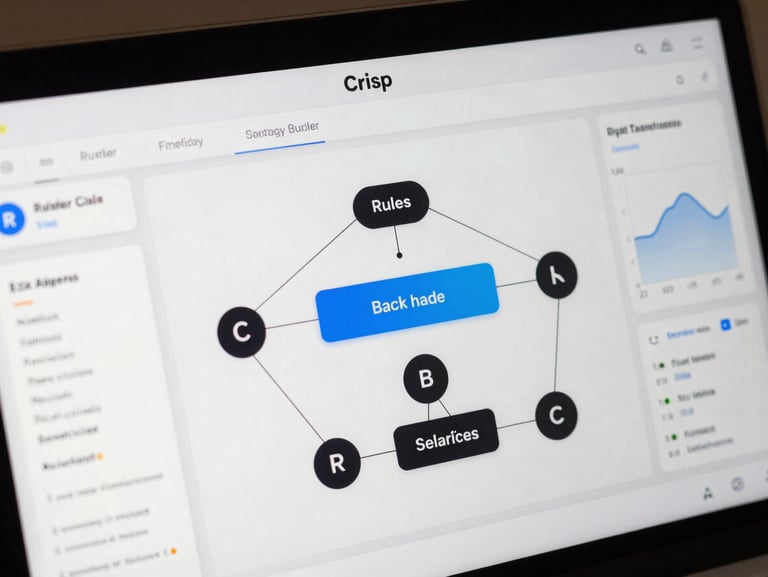 Crisp UI screenshot of a rules-based strategy builder interface, showing connected logic nodes, backtesting performance graphs, and historical simulation parameters.