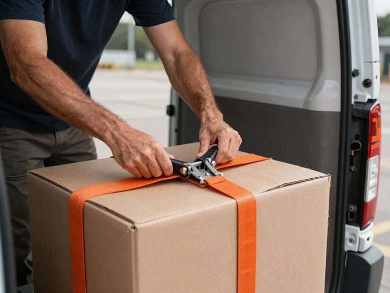 Close-up medium shot, hands securing heavy-duty orange ratchet straps over stacked brown cardboard boxes inside a white moving van, daylight streaming through open rear doors, concrete loading dock visible in background, industrial clarity