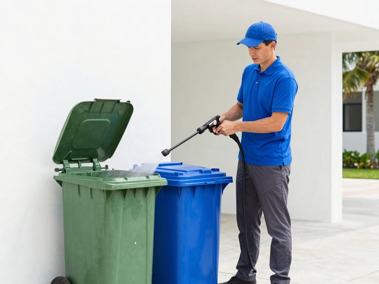 A technician in a vivid cobalt blue polo shirt and dark gray pants sanitizes a green trash bin and a blue recycling bin with a high-pressure hot water wand, bright Florida daylight.