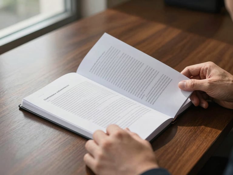 Close-up of hands turning pages of a formal governance policy document on a dark wood conference table, north-facing daylight from a window at left, crisp shadows across printed text columns, no faces visible, institutional rigor