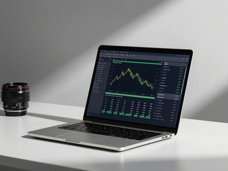 A clean, modern workspace with a high-resolution laptop screen showing performance analytics, sharp shadows, cool-toned studio lighting