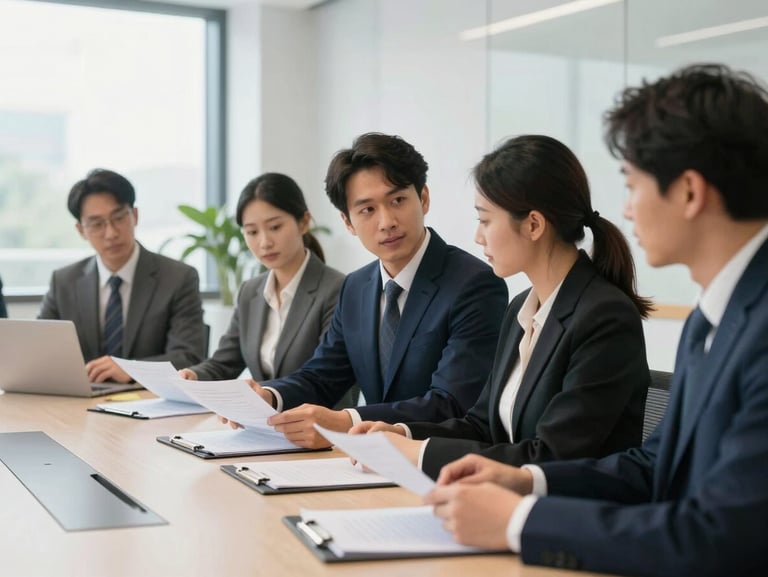 Corporate meeting in a bright, modern European conference room, professionals in elegant business attire discussing documents, soft natural light, 35mm lens