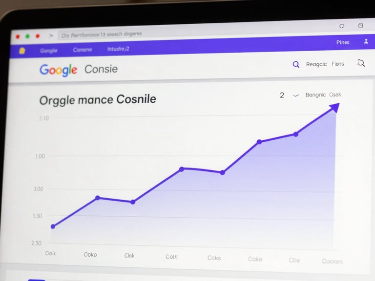 A crisp, high-fidelity screenshot of a Google Search Console performance dashboard showing a steady, upward-trending line of organic impressions and clicks, clean technical interface with deep purple UI accents.