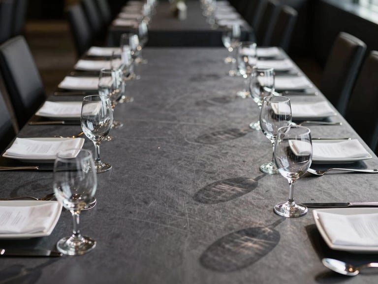 Dead-on eye-level architectural perspective of a corporate gala table setup, deep charcoal tones, strict geometric alignment of glassware, sharp shadows.