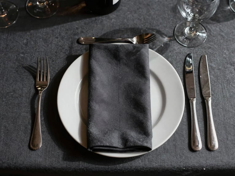 Overhead flat-lay of a minimalist corporate gala table setting, sharp shadows, deep charcoal accents, natural light.