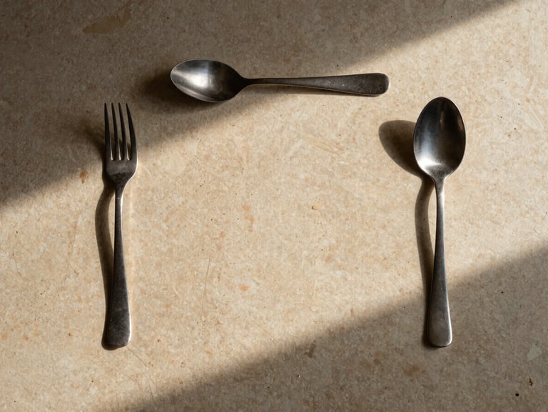 Strictly overhead flat-lay of a minimalist table setting on warm stone, precise placement of cutlery and single-source directional light.