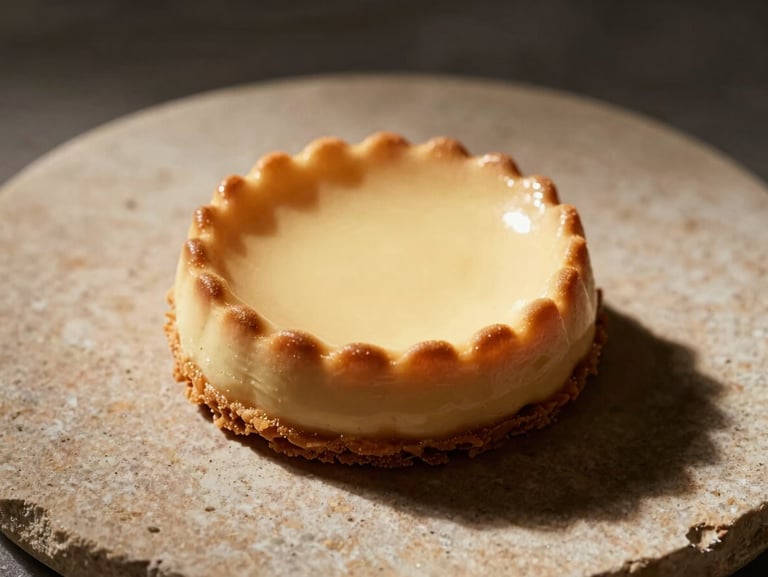 Architectural composition of a single plated dessert on a warm stone plate, macro shot, dramatic single-source side light.