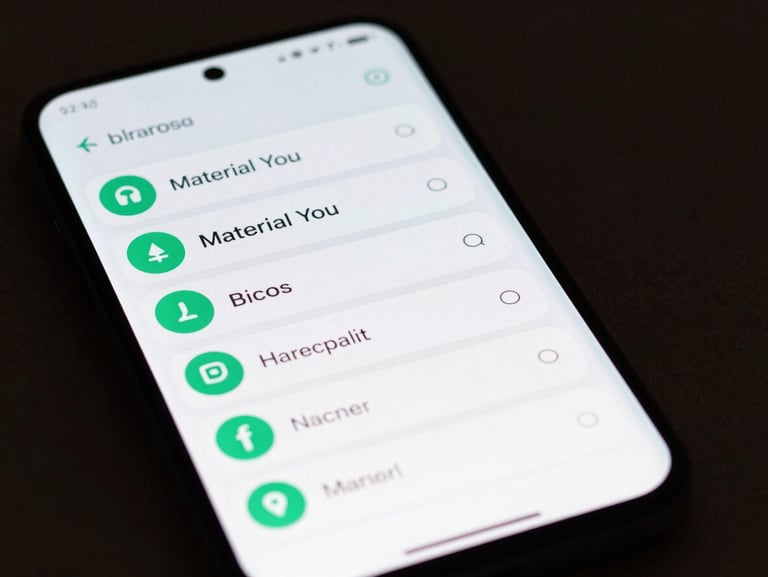 Macro close-up of a modern Android flagship screen in a dark room, displaying a clean system settings UI with Material You terminal green accents, sharp contrast, deep shadows