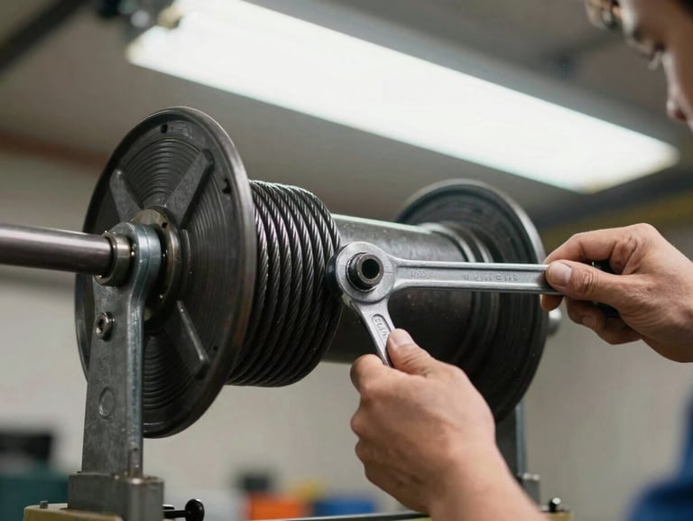 Close-up of a garage door torsion spring and cable drum assembly, a technician's hands using a wrench on the spring tension adjustment, bright overhead work lighting, sharp detail of metal hardware, documentary framing