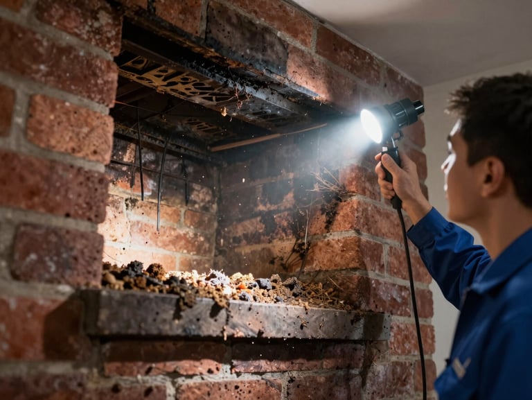 Looking up into a brick chimney interior from the firebox level, a technician's inspection light illuminating creosote deposits on the flue walls, cross-section view showing the chimney liner condition, documentary framing