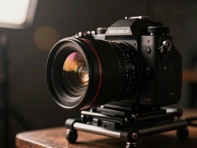 Macro close-up of a high-end camera rig on a dolly, dramatic backlit set, anamorphic lens flare, 35mm film photography.