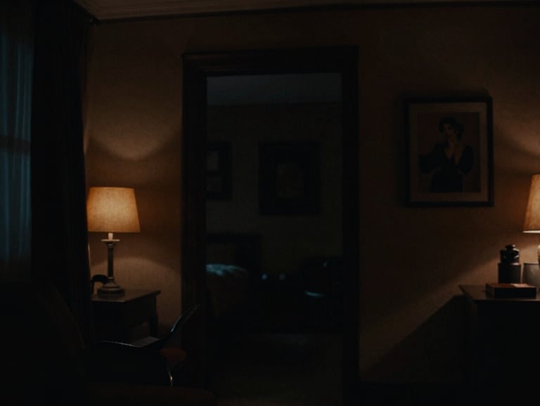 Cinematic anamorphic shot of a moody, low-key lit interior, deep shadows, rich color grading, subtle amber light source.