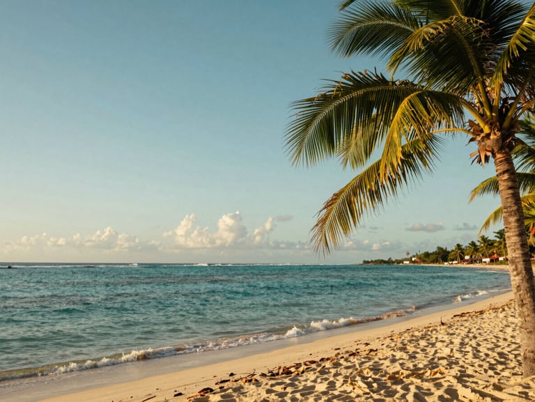 Vibrant landscape of Riviera Maya beach at golden hour, calm turquoise ocean, palm trees framing the right side, warm editorial travel photography
