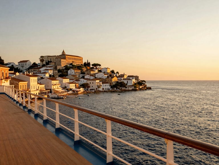 Classic Mediterranean coastal town viewed from a cruise ship deck at sunset, warm golden-hour light, premium travel aesthetic