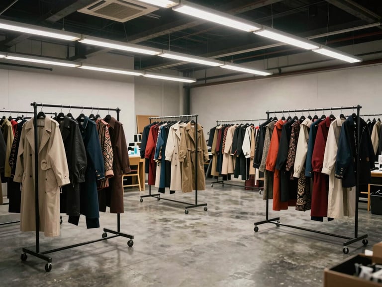 Behind-the-scenes creative production in a South London warehouse studio, overhead lighting, raw concrete floors, racks of heritage clothing being styled.