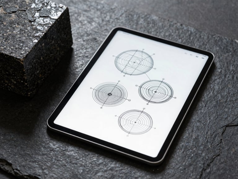 Overhead architectural workspace, clean flat-lay of a tablet displaying complex vector wireframes next to a rough, dark granite block, sharp shadows, cool ambient light.