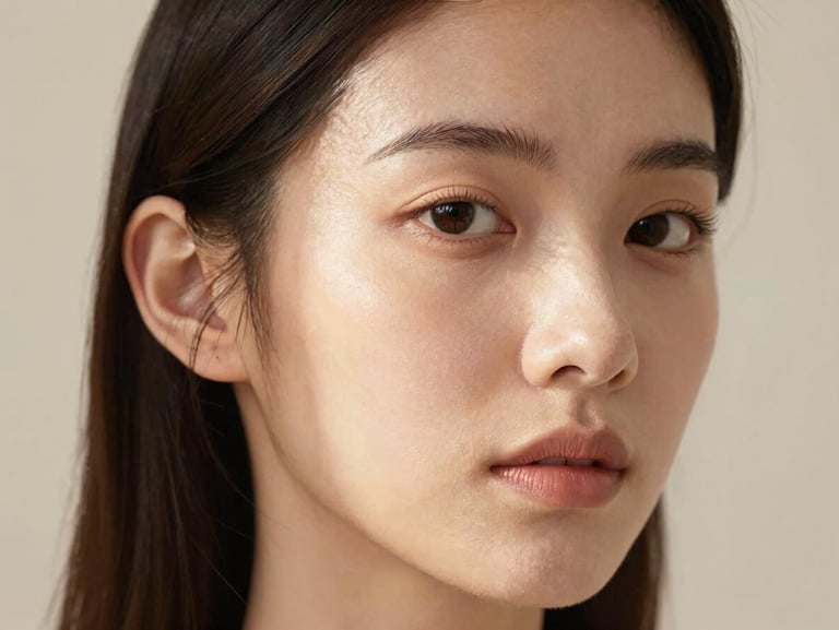 Close-up of a woman's face turned slightly away, north-facing window light crossing her cheekbone, minimal makeup, cream background, observed not posed