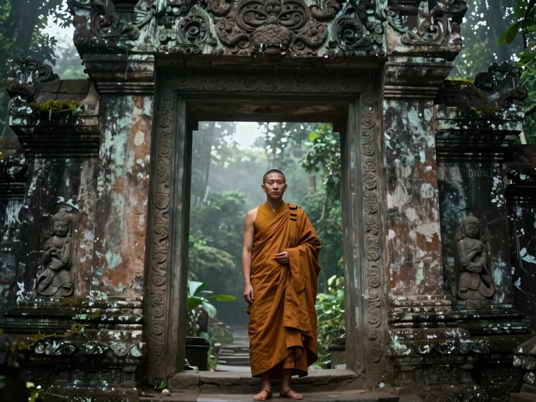Cinematic film still of a Buddhist monk standing before an ancient stone archway, misty jungle background, dramatic chiaroscuro lighting, 2.39:1 wide aspect ratio