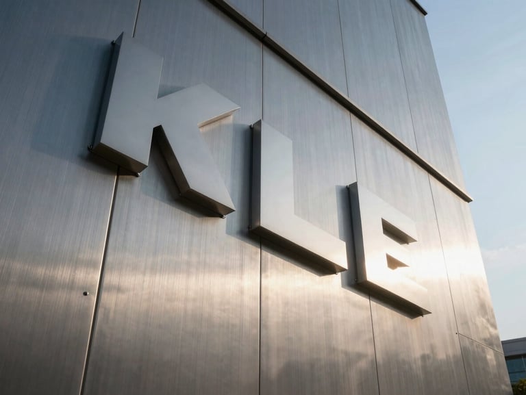 Low-angle architectural shot of a massive brushed steel corporate facade sign, crisp morning light highlighting the metallic joints.